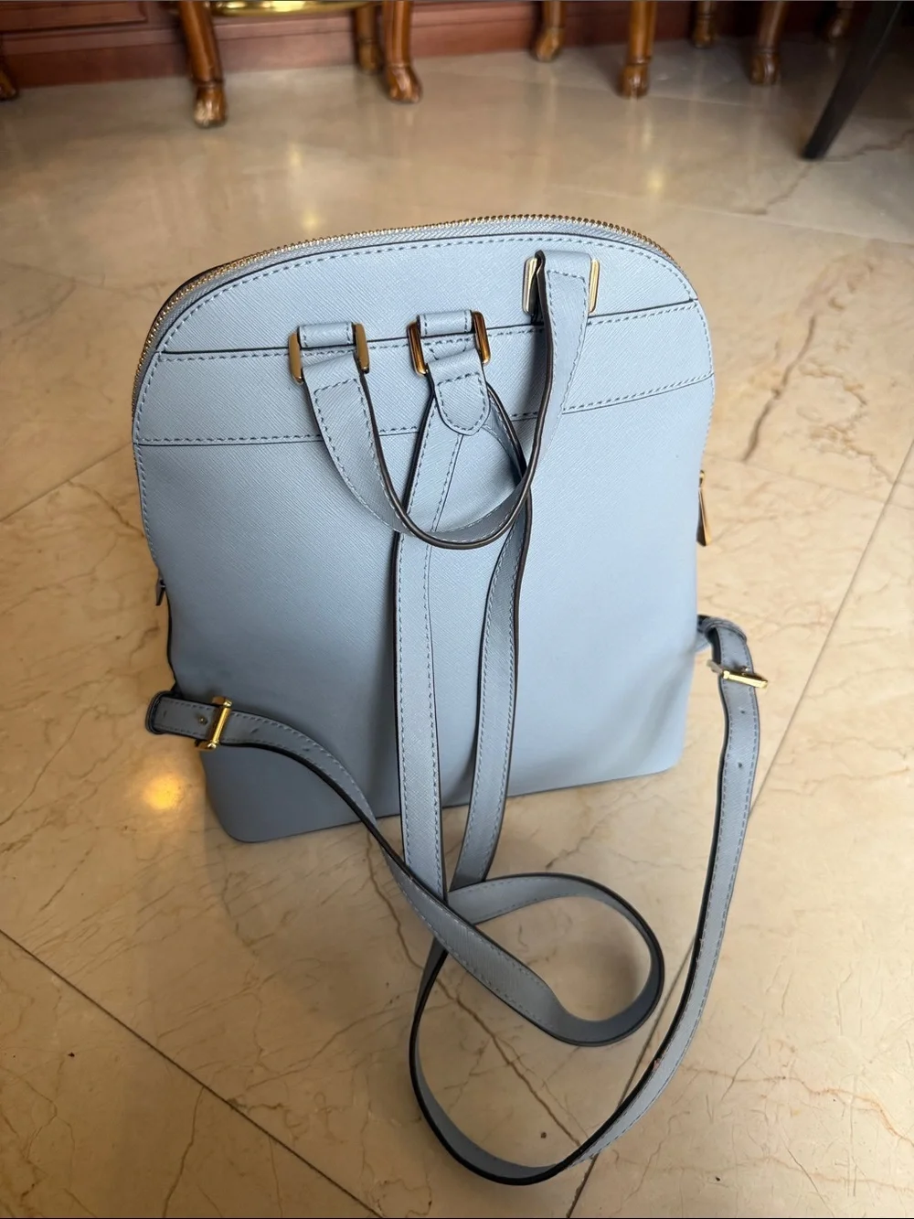 Michael Kors Pale Blue Saffiano Leather Backpack with Gold Hardware